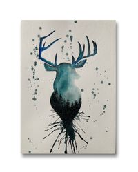 Deer, Wood, Forest, abstract, trees, green, black, aquarel, painting