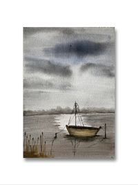 Abstraktemalerei mit Aquarelfarben auf Leinwand. Ruderboot, see, meer, schilf, beige, wasser, malerrei, - by Erik Chemnitz