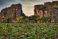 A jetty runs through a lake. Karst rocks dot the landscape and decorate the lake which is covered in water lilies and sways in the sunset