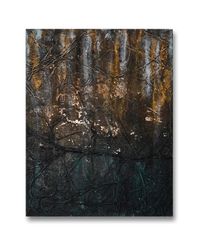 Rough surface, gold, blue, white and black tones, abstract painting