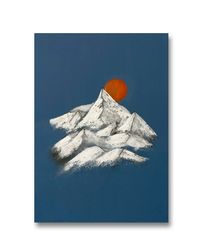 Abstraktmalerei mit Acrylfarben auf Leinwand. Sonne Berge, Sonnenuntergang in Orange getaucht, Schneebedeckter Berg umgeben von Blauem Himmel, - by Erik Chemnitz